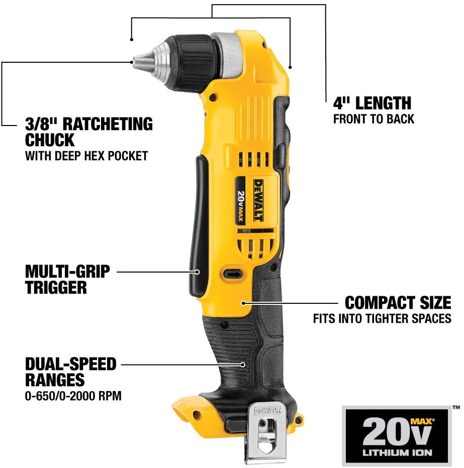 DEWALT DCD740B, 20V MAX Lithium Ion 3/8 Right Angle Drill/Driver (Tool Only)