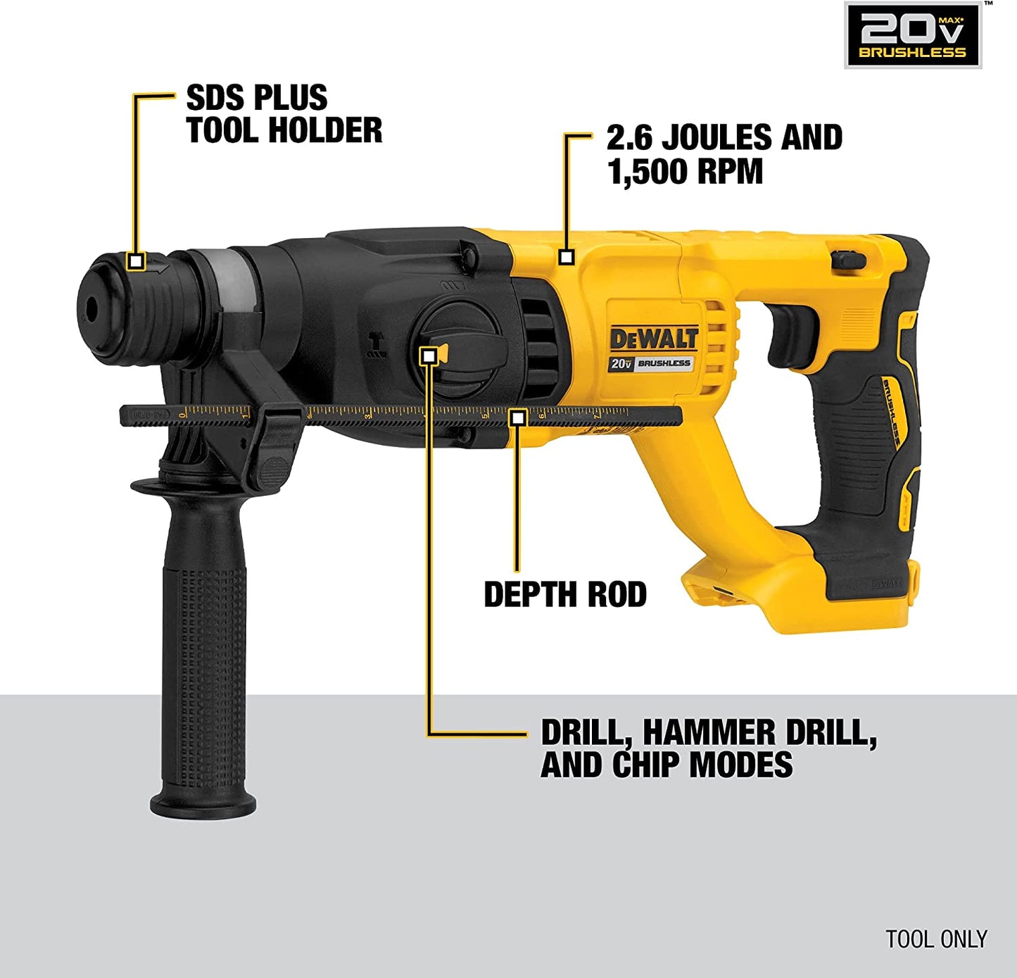 DEWALT DCH133B, 20V MAX XR Brushless 1 in. D-handle Rotary Hammer (Tool Only)