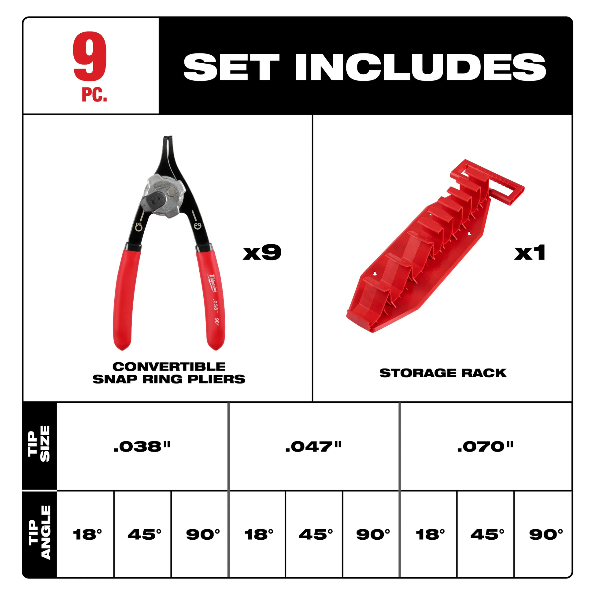 Milwaukee 48-22-6539, 9PC SNAP RING PLIERS SET