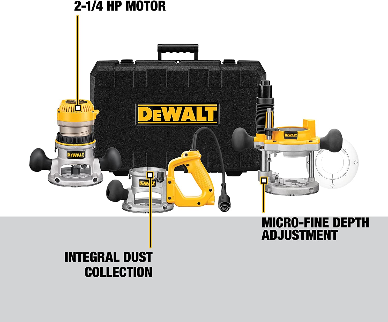 DEWALT DW618B3, 2-1/4 HP Three Base Router Kit