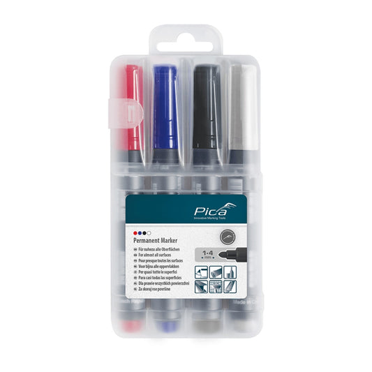 Pica 520/04, 4-Pack-Permanent Marker 1-4mm, Round tip, Red, Blue, Black and Instant White