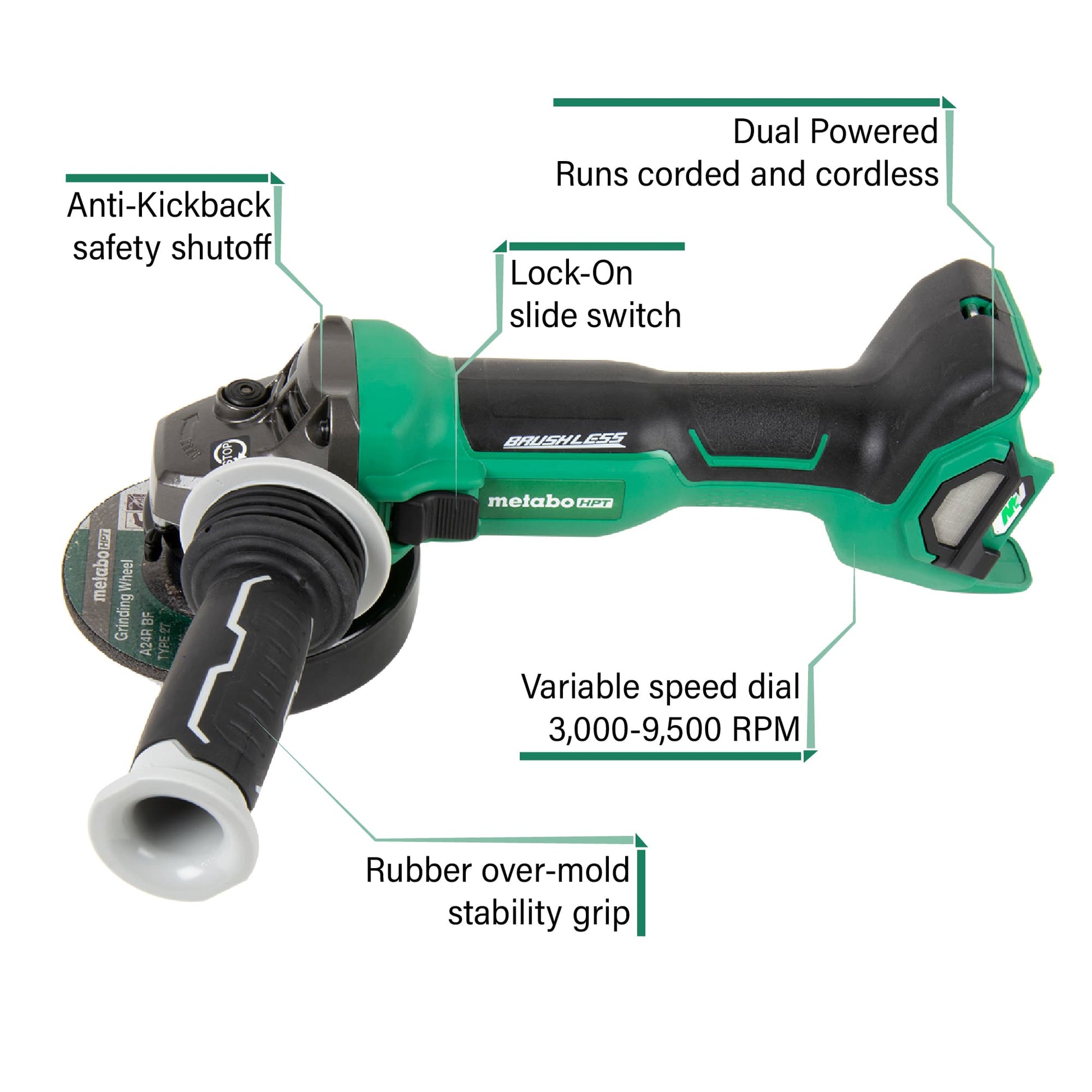 Metabo HPT G3612DAQ6, MultiVolt™ 36V Brushless 4-1/2-in Slide Switch Grinder (Tool Only)
