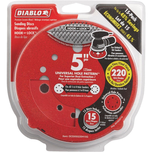 Diablo DCD050220H15G, 5" Sanding Disc Hook and Lock 220 grit (15/pkg)