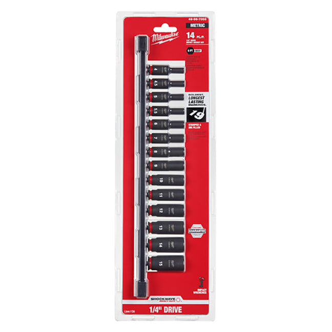 Milwaukee 49-66-7003, SHOCKWAVE 1/4" Drive Impact Duty Metric Deep 6 Point Socket Set - 14 Piece