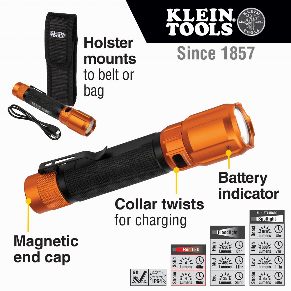 Klein Tools 56413, Rechargeable 2-Color LED Flashlight with Holster