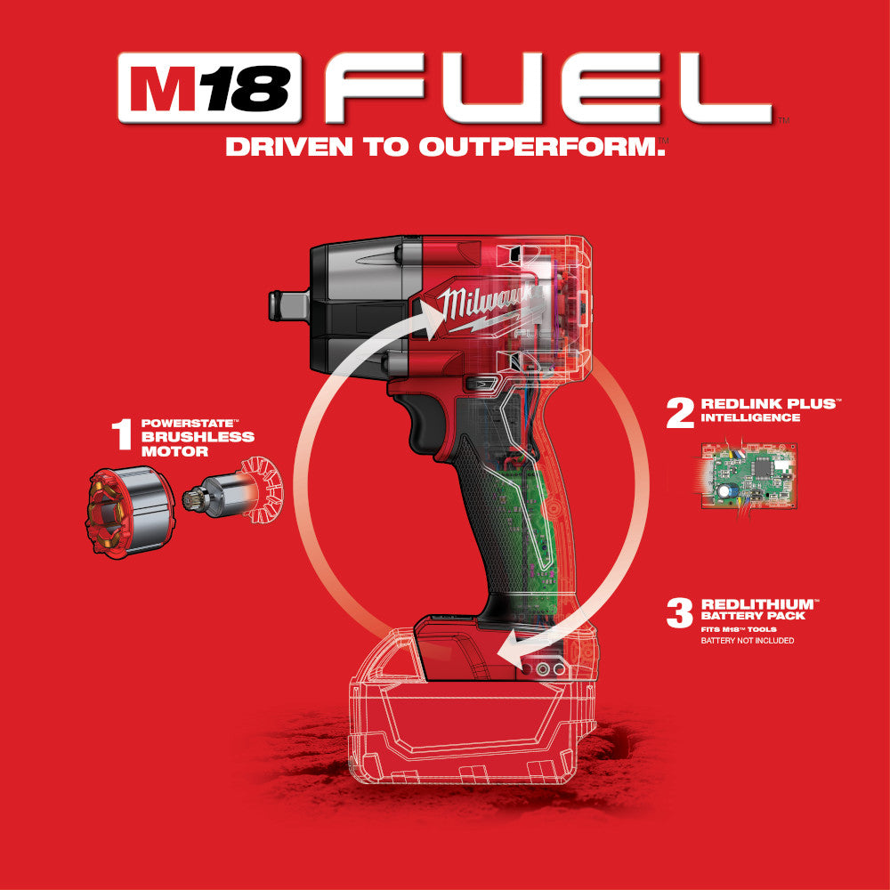 Milwaukee 2962-20, M18 FUEL 1/2" Mid-Torque Impact Wrench w/ Friction Ring (Tool Only)