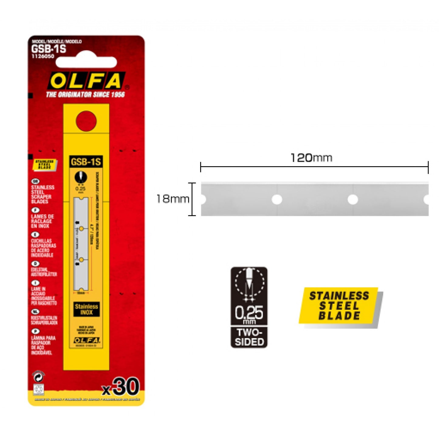 OLFA 1126050, Stainless Steel Glass Scraper Blades - 120mm - 30/pk (GSB-1S)