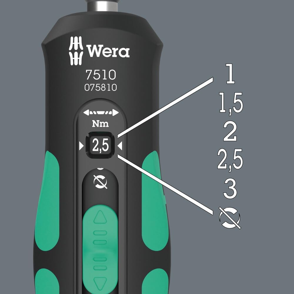 Wera 05075810001, 7510 Kraftform Safe-Torque Speed Torque screwdriver, 1-3 Nm, 1/4" x 1.0 Nm x 1.5 Nm x 2.0 Nm x 2.5 Nm x 3.0 Nm x 147.5 mm