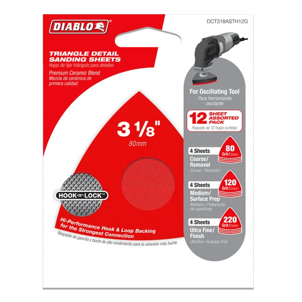Diablo DCT318ASTH12G, 3-1/8" Assorted Oscillating Triangle Detail Sanding Sheets