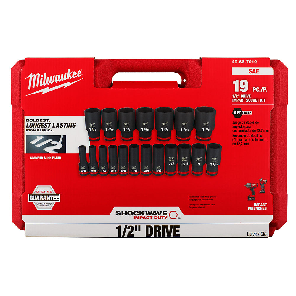 Milwaukee 49-66-7012, 1/2" Drive SHOCKWAVE Impact Duty SAE Deep 6 Point Socket Set - 19 Piece