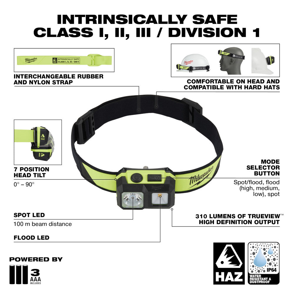 Milwaukee 2004HZL, Spot/Flood Headlamp (Intrinsically Safe C I, II, III / D 1)