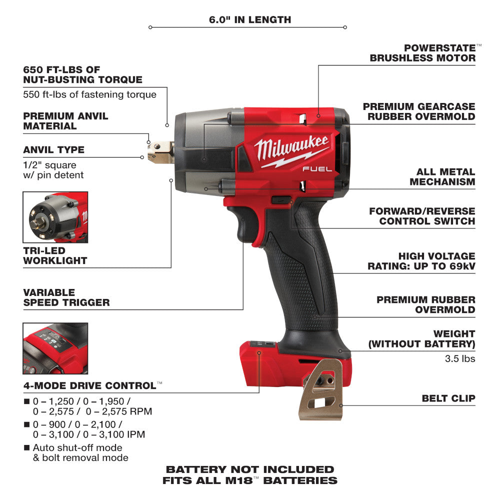 Milwaukee 2962P-20, M18 FUEL 1/2" Mid-Torque Impact Wrench w/ Pin Detent (Tool Only)