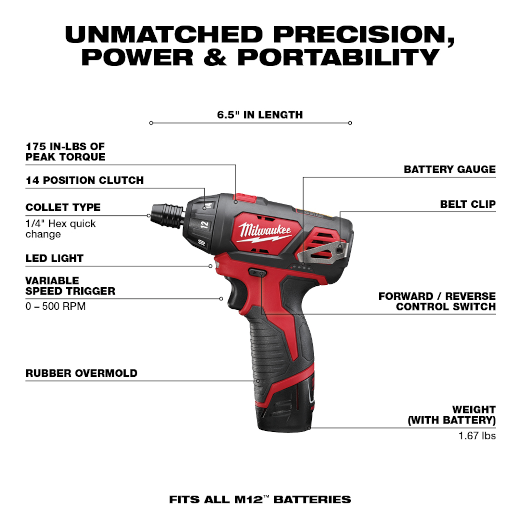 Milwaukee 2482-22, M12™ Screwdriver with Free LED Light and 40 Piece Bit Set