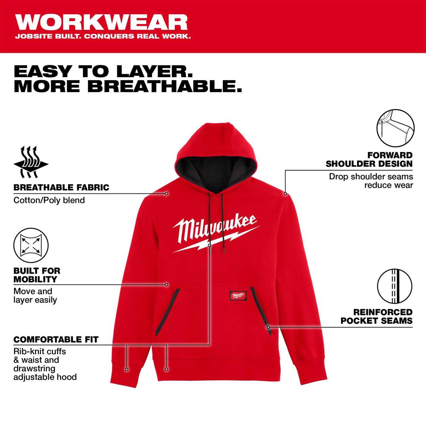 Milwaukee 352R-M, BIG LOGO MIDWEIGHT HOODIE - RED M