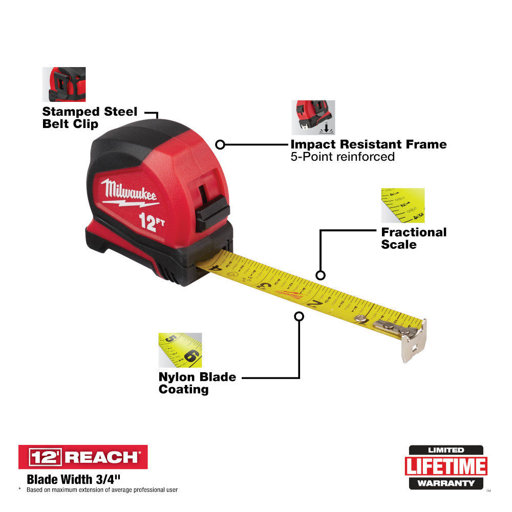 Milwaukee 48-22-6612, 12' Compact Tape Measure