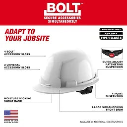 Milwaukee 48-73-1100, White Front Brim Hard Hat w/4pt Ratcheting Suspension - Type 1, Class E