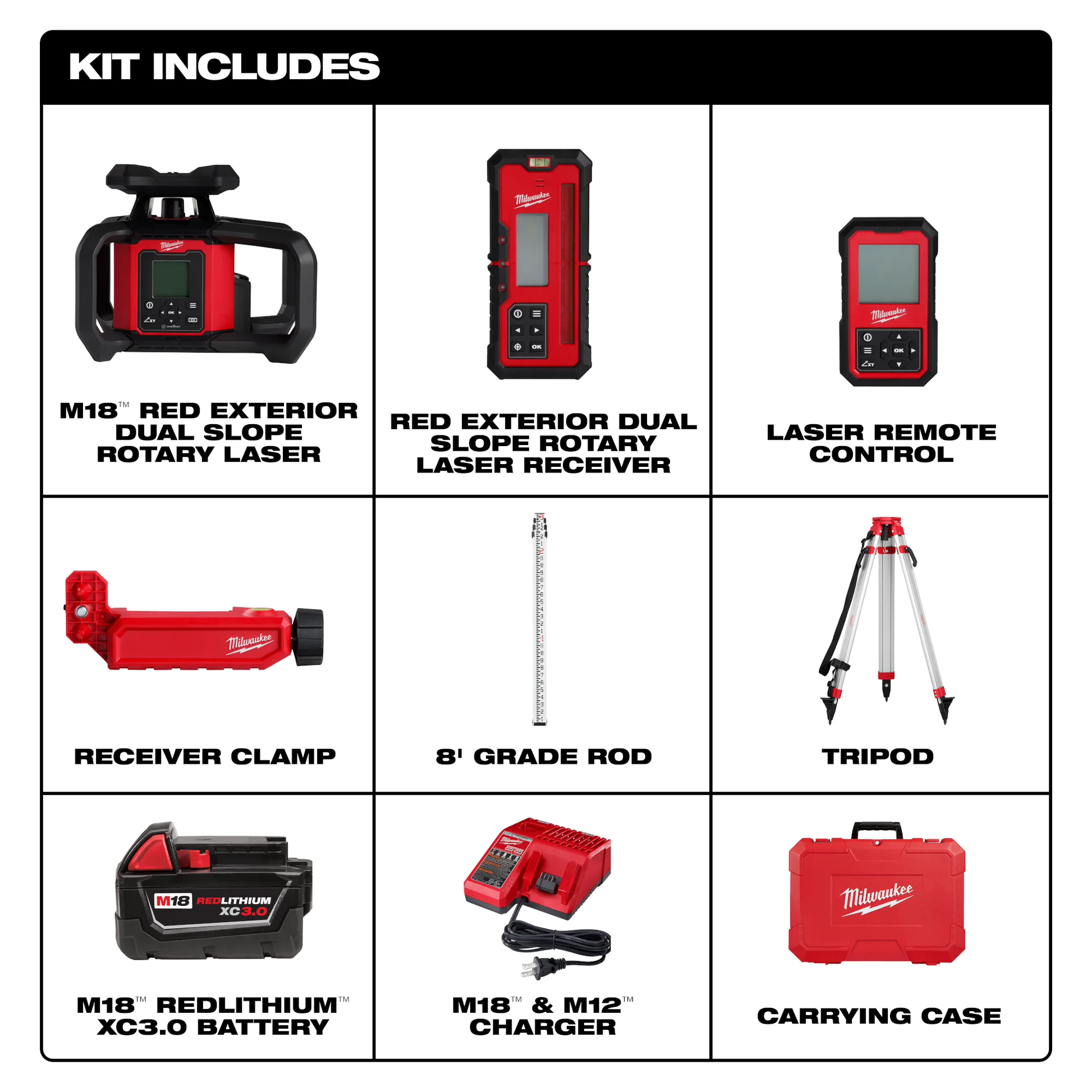Milwaukee 3704-21T, M18™ Red Exterior Dual Slope Rotary Laser Level Kit w/ Receiver, Remote, Grade Rod & Tripod