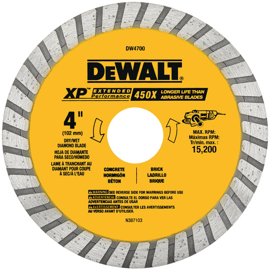 DEWALT DW4700, Industrial 4'' Dry or Wet Cutting Continuous Rim Diamond Saw Blade with 7/8'' Arbor