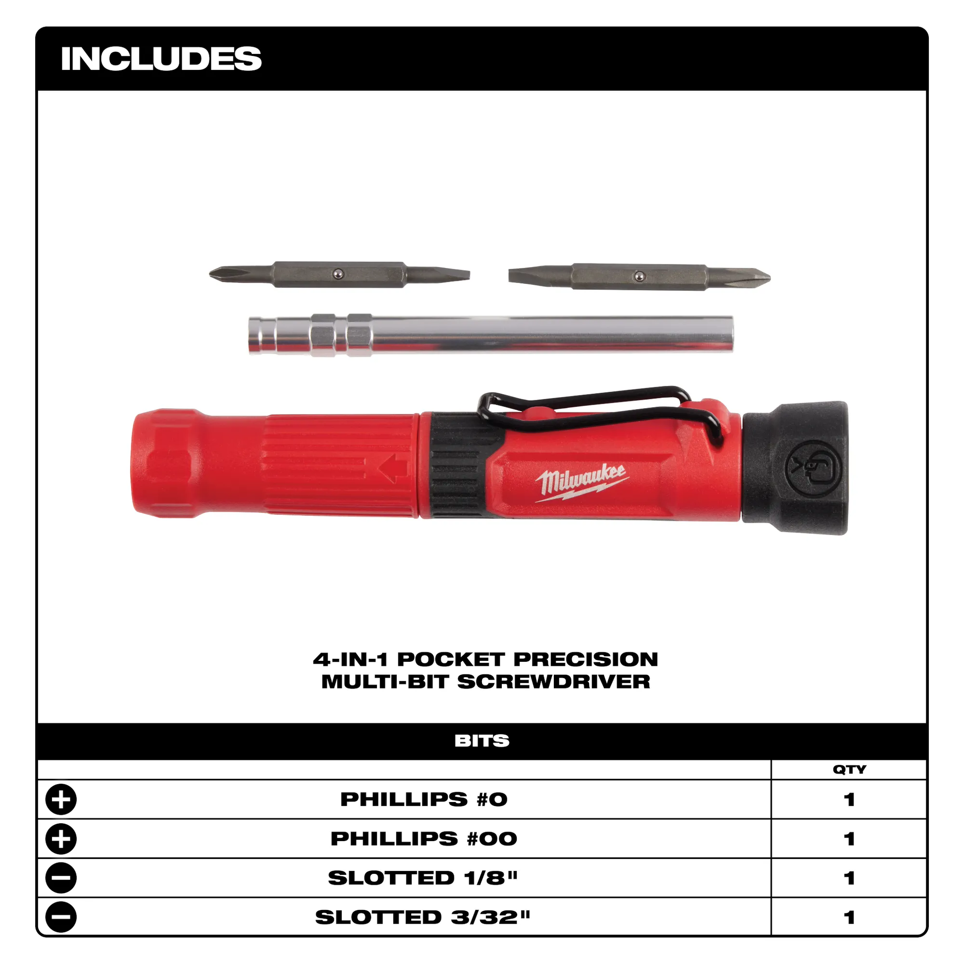 Milwaukee 48-22-2932, 4-in-1 Pocket Precision Multi-Bit Screwdriver