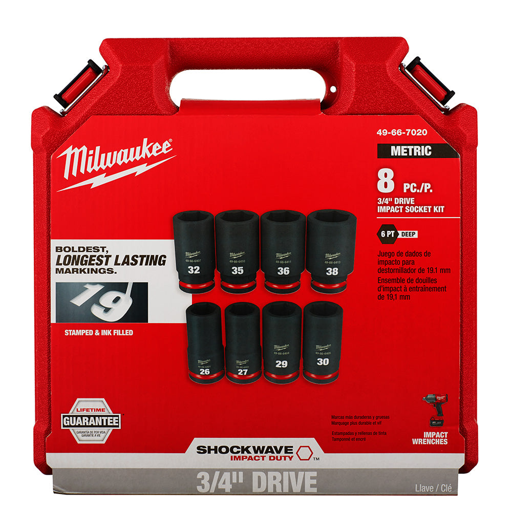 Milwaukee 49-66-7020, 3/4" Drive SHOCKWAVE Impact Duty Metric Deep 6 Point Socket Set - 8 Piece