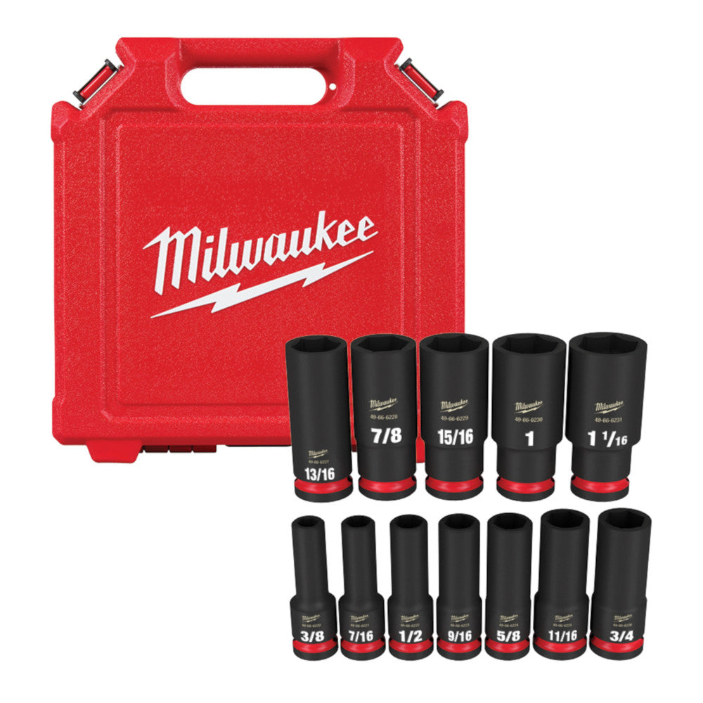 Milwaukee 49-66-7011, 1/2" Drive SHOCKWAVE Impact Duty SAE Deep 6 Point Socket Set - 12 Piece