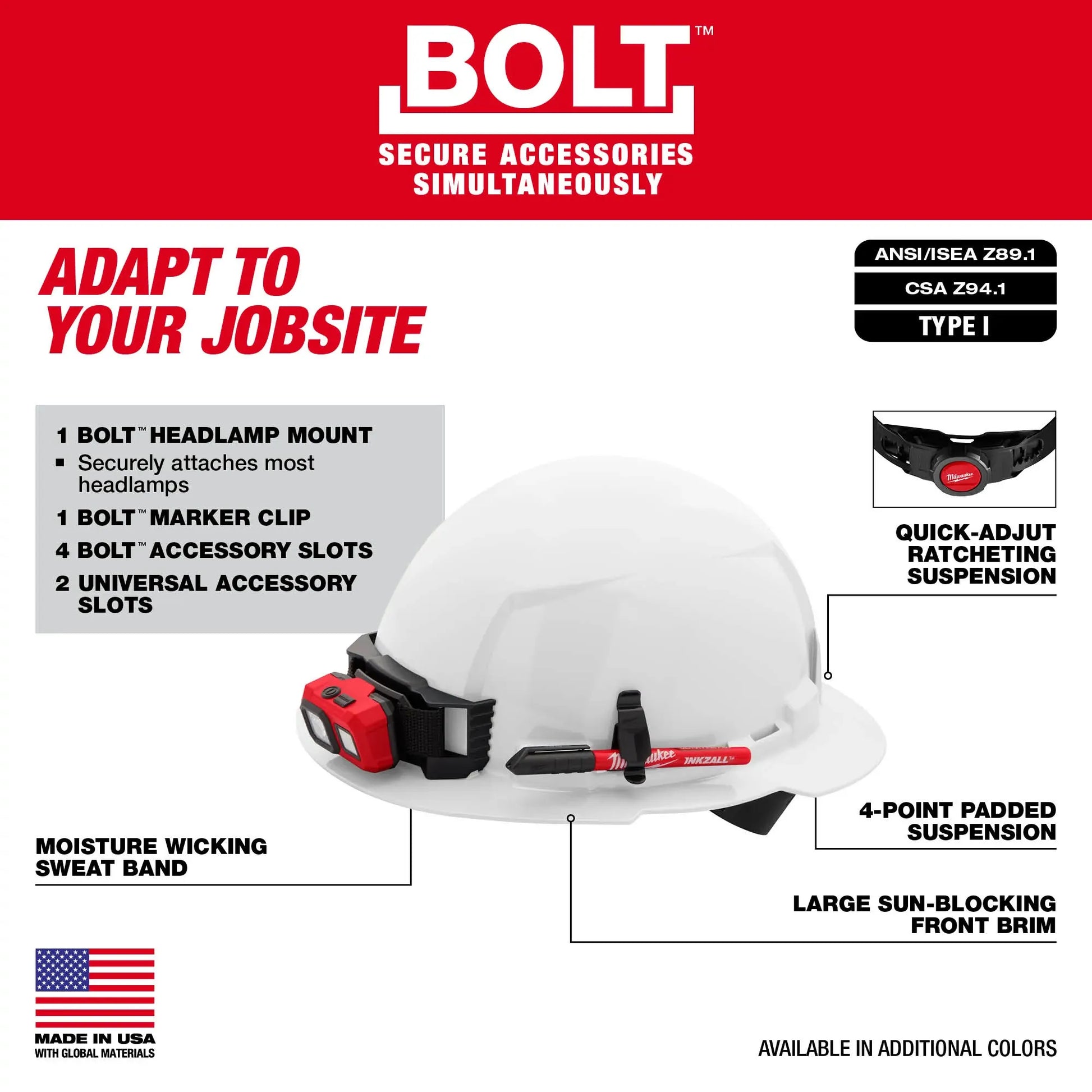 Milwaukee 48-73-1101, BOLT™ White Full Brim Hard Hat w/4pt Ratcheting Suspension (USA) - Type 1, Class E