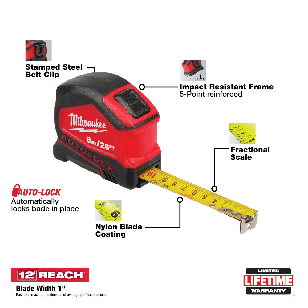 Milwaukee 48-22-6826, 8M/26' Compact Tape Measure Autolock