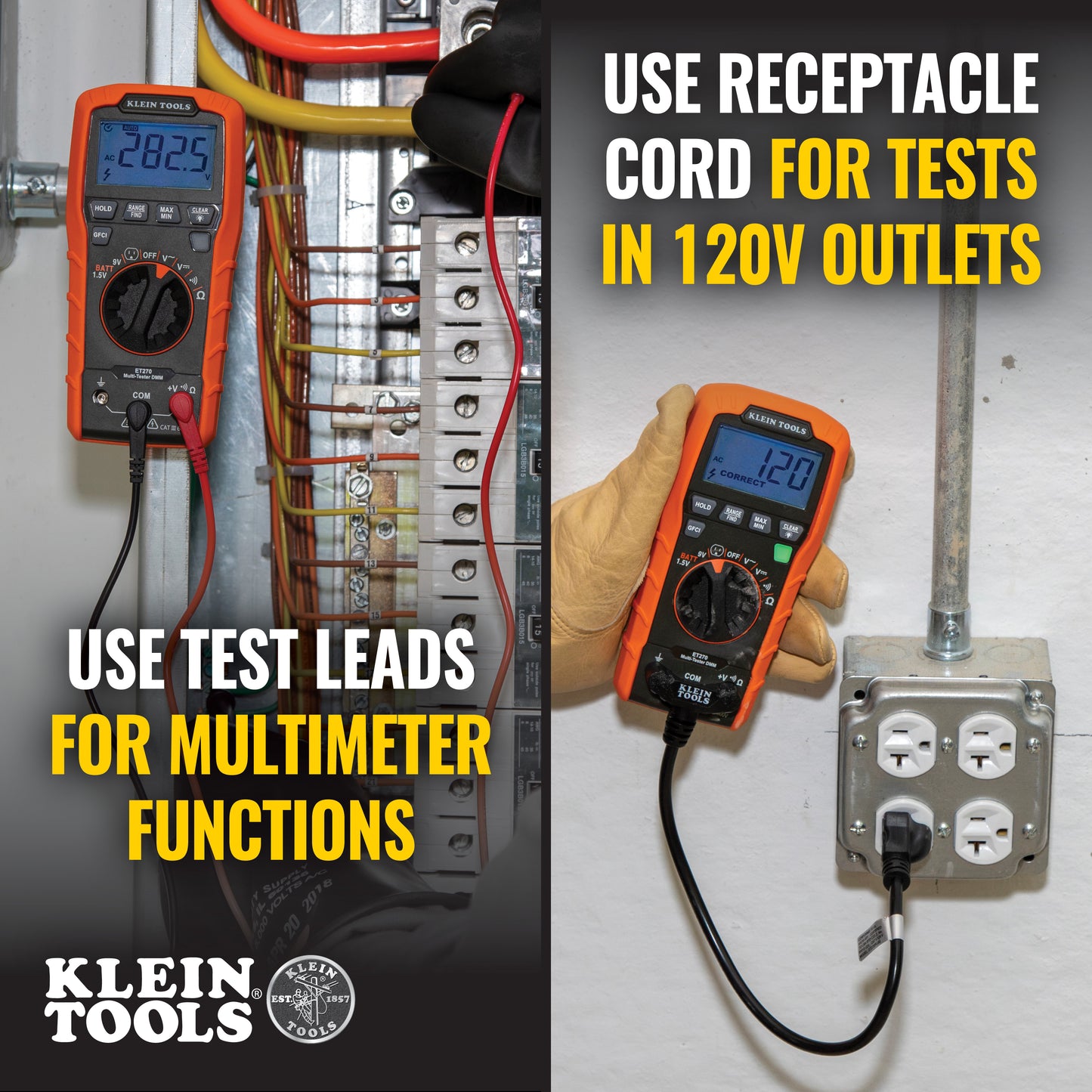 Klein Tools ET270, Digital Multi-Tester, Multimeter with Receptacle Tester