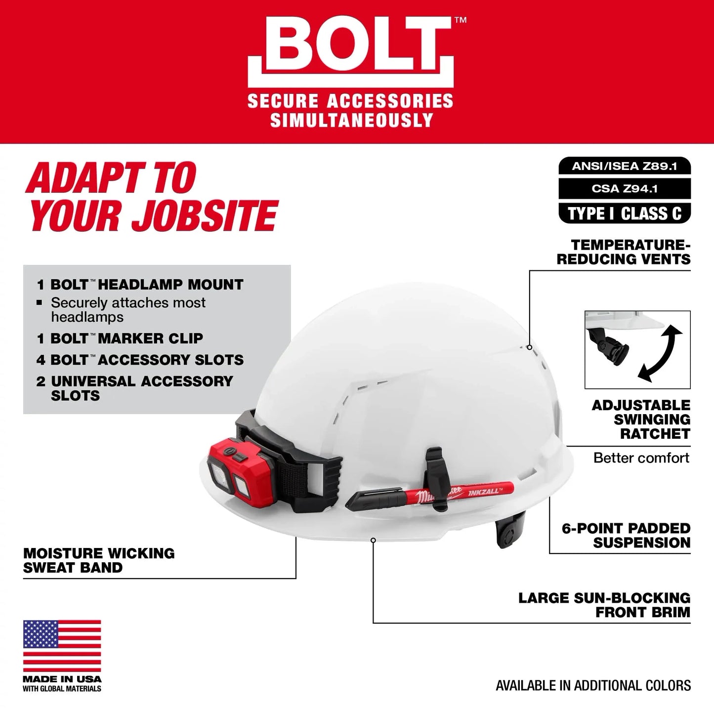 Milwaukee 48-73-1220, BOLT™ Front Brim Hard Hat w/6pt Ratcheting Suspension (USA)