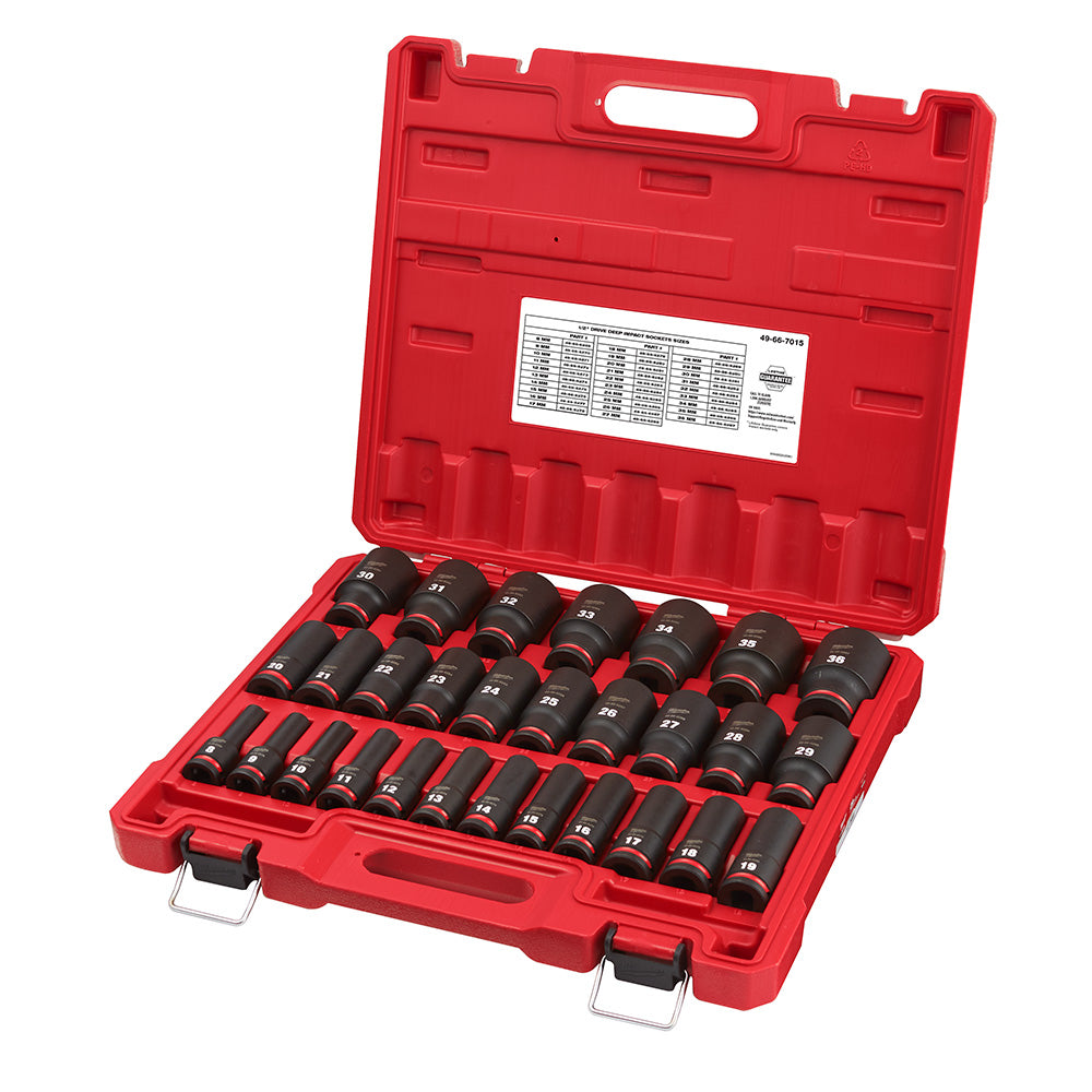 Milwaukee 49-66-7015, 1/2" Drive SHOCKWAVE Impact Duty Metric Deep 6 Point Socket Set - 29 Piece