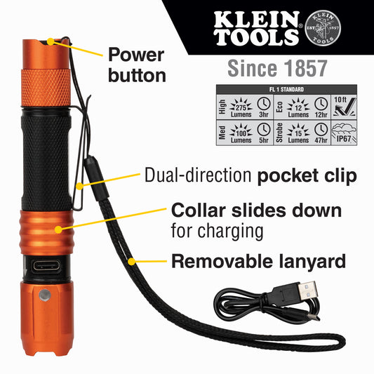 Klein Tools 56411, Rechargeable Waterproof LED Pocket Light with Lanyard