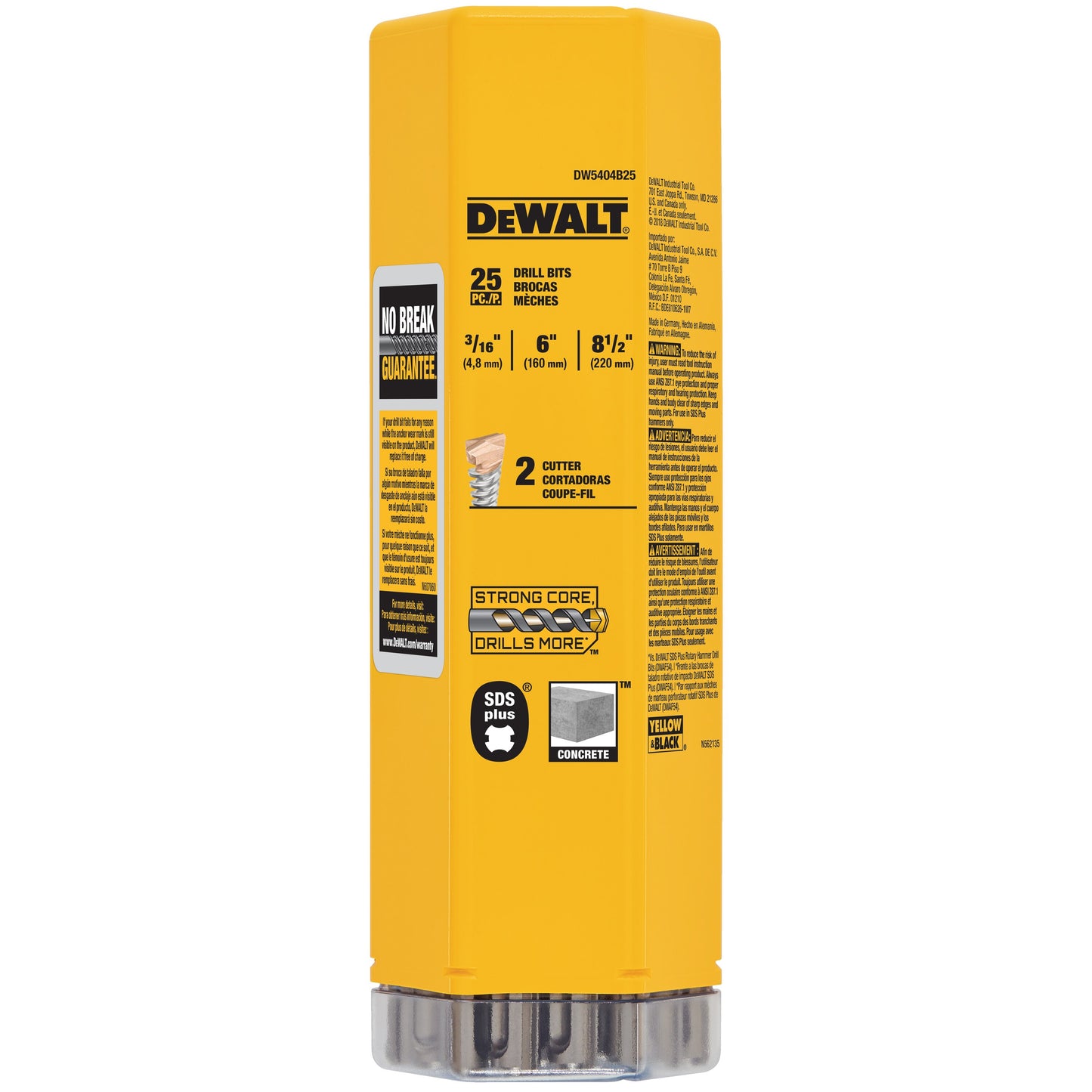 DEWALT DW5404B25, 3/16'' x 6-1/2'' x 8-1/2'' SDS Plus 2 Cutter Drill Bits (25/pkg)