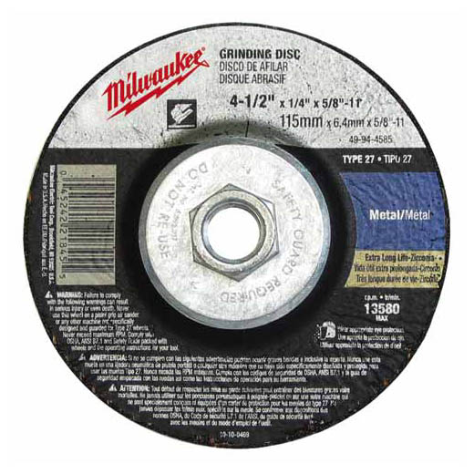 Milwaukee 49-94-4585, 4-1/2" x 1/4" x 5/8-11" Grinding Wheel, Type 27 (5/pkg)