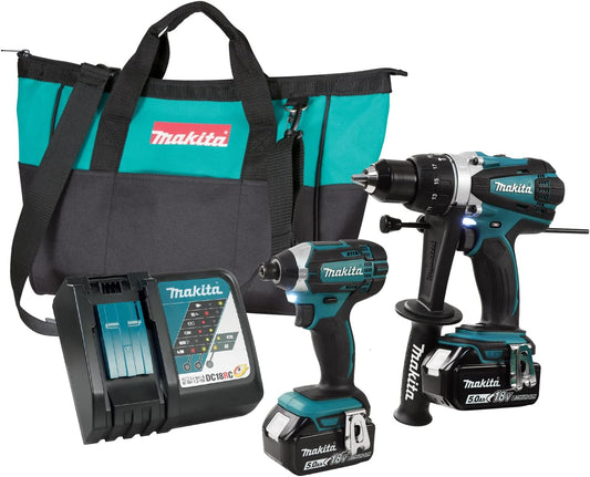 Makita DLX2145TX, 18V LXT Cordless 2-Tool Combo Kit with 2 Batteries (5.0 Ah), Rapid Charger & Tool Bag