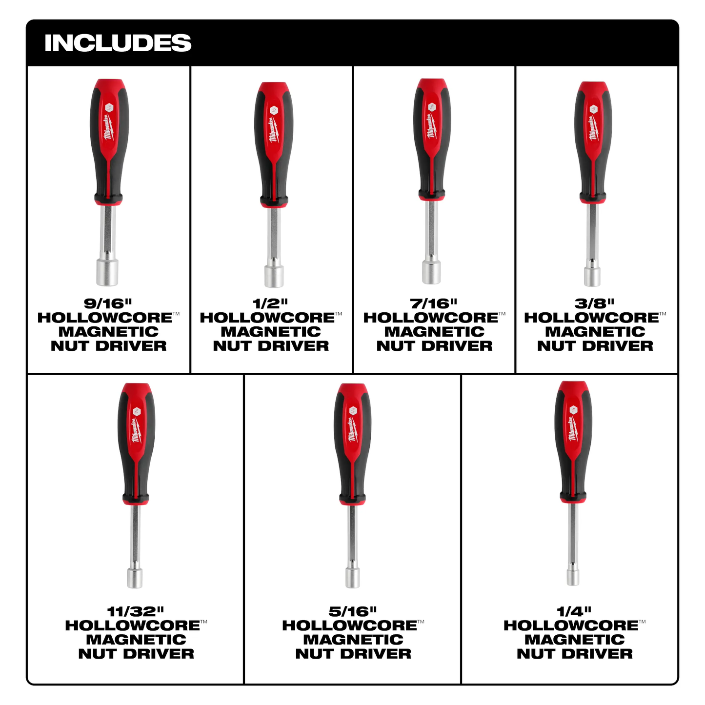 Milwaukee 48-22-2547, 7pc SAE HollowCore™ Magnetic Nut Driver Set