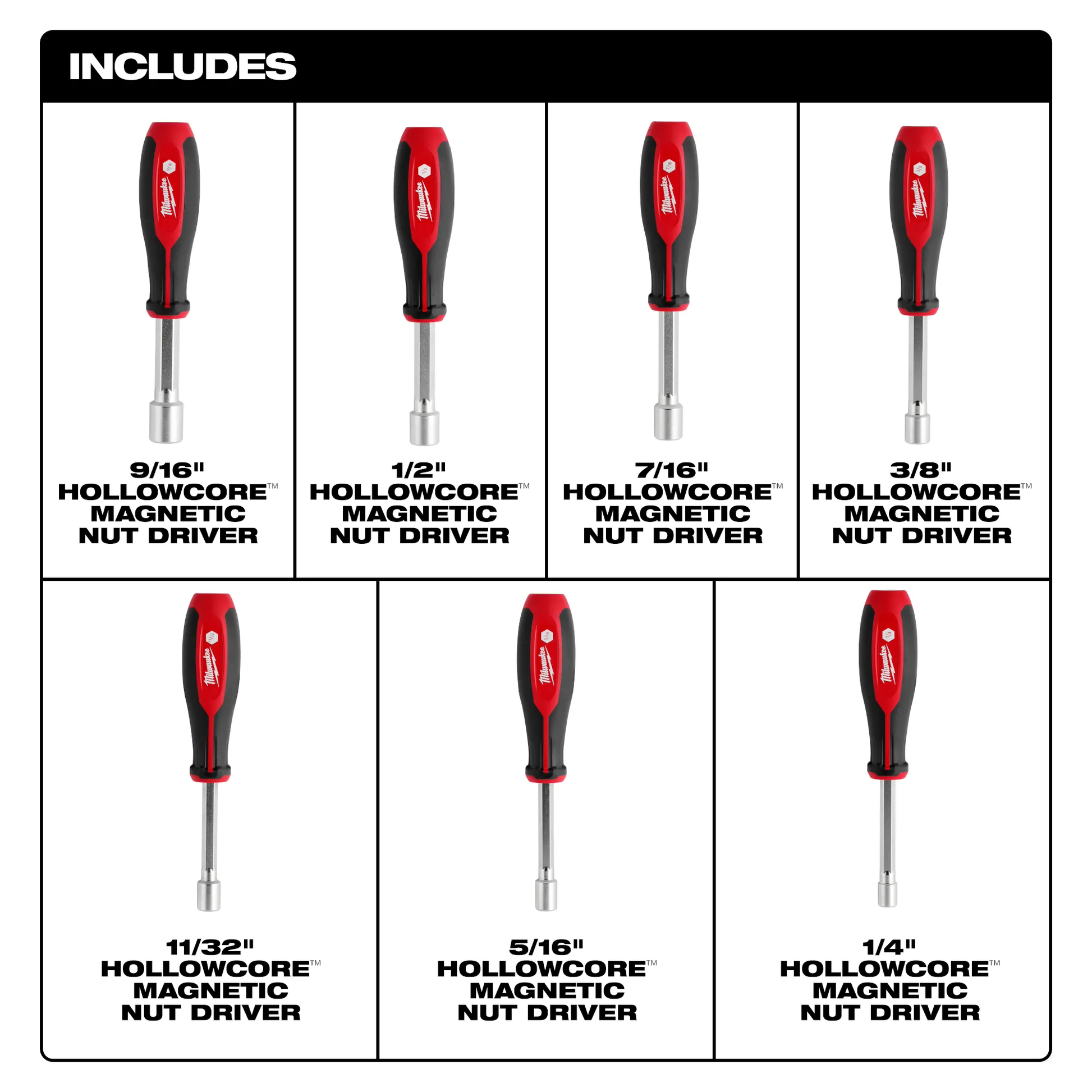 Milwaukee 48-22-2547, 7pc SAE HollowCore™ Magnetic Nut Driver Set