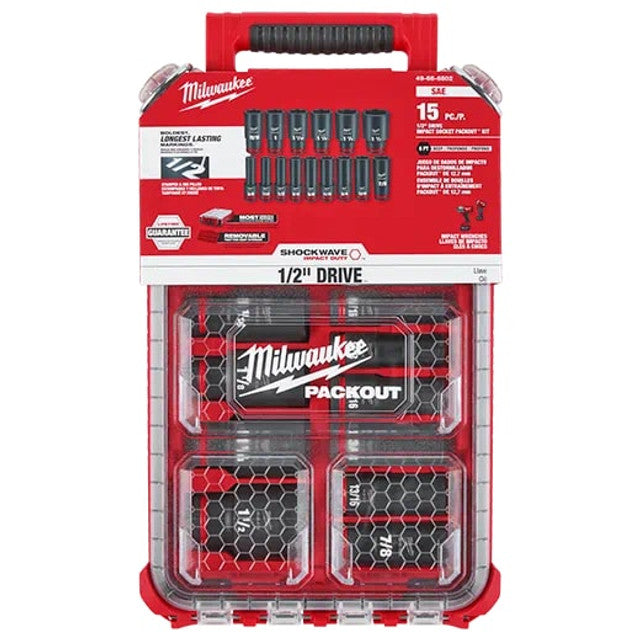 Milwaukee 49-66-6802, SHOCKWAVE Impact Duty™ Socket 1/2” Dr 15PC SAE PACKOUT Set