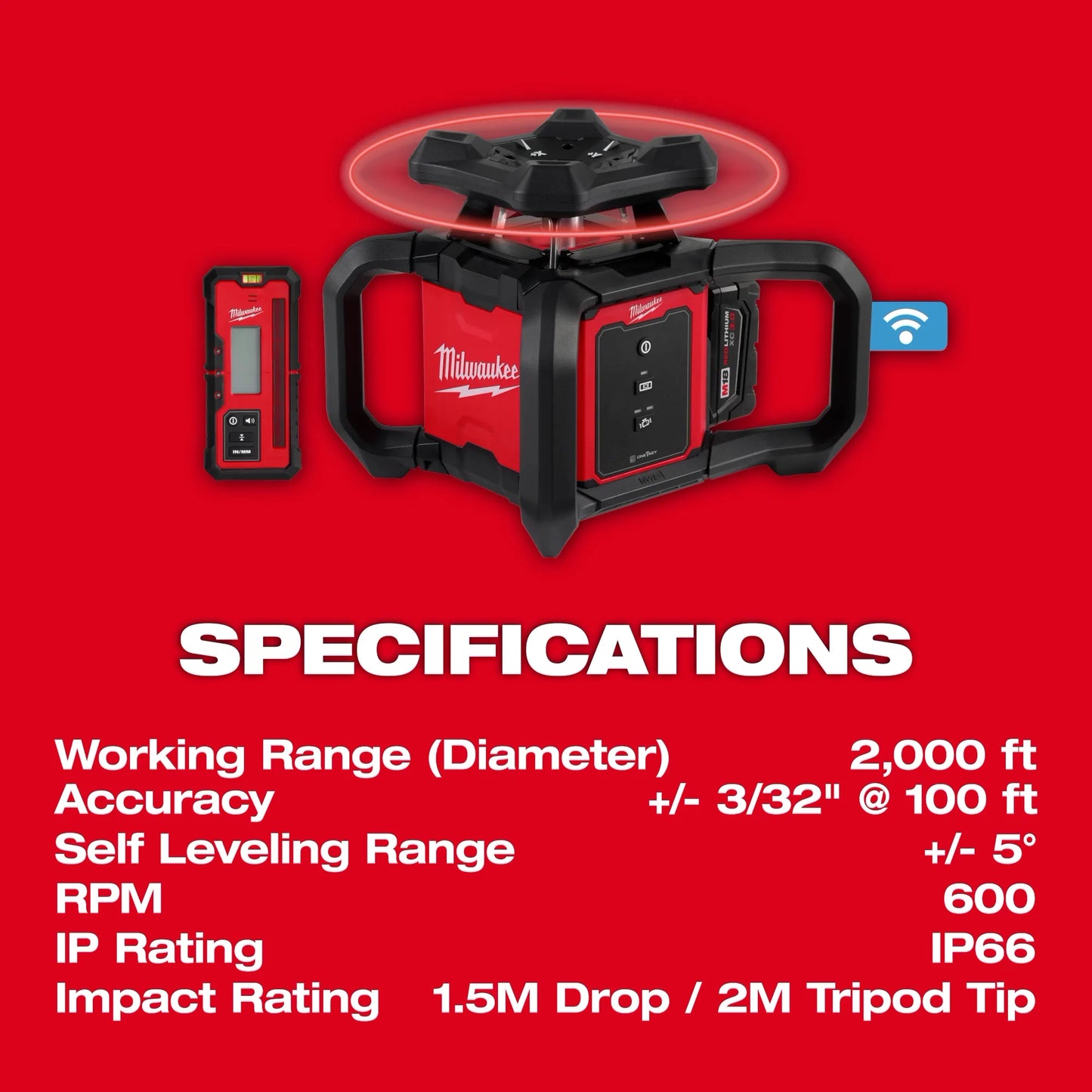 Milwaukee 3701-21, M18™ Red Exterior Rotary Laser Level Kit w/ Receiver