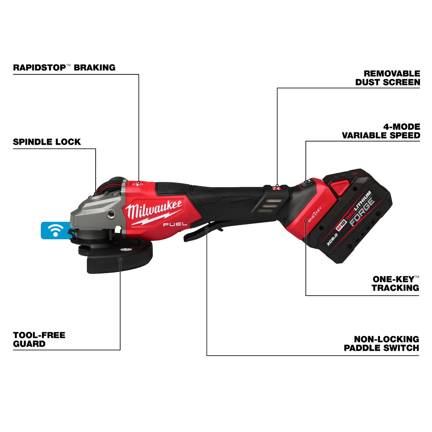 Milwaukee 3672-22, M18 FUEL™ 4-1/2"-6" Variable Speed Braking Grinder, Paddle Switch w/ ONE-KEY™ Kit