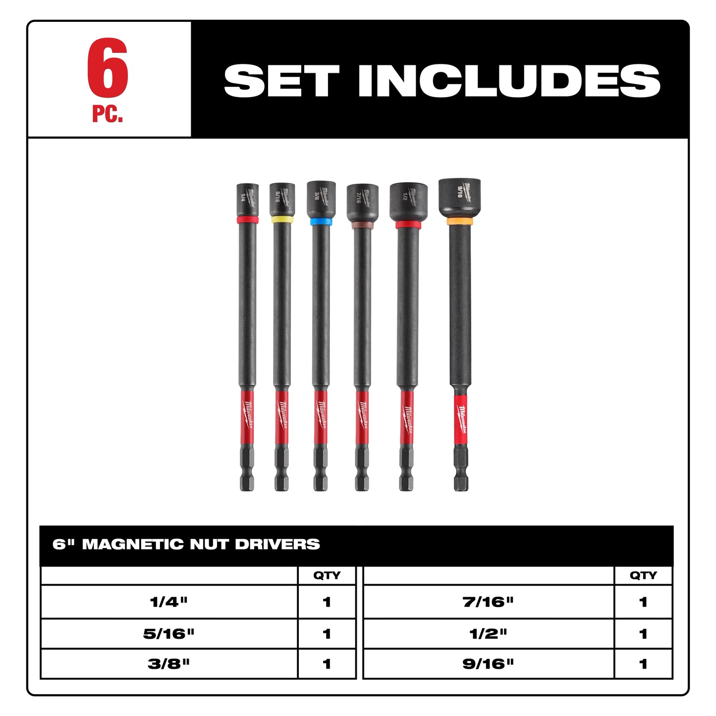 Milwaukee 49-66-4567, SHOCKWAVE Impact Duty™ 6" Magnetic Nut Driver Set 6PC