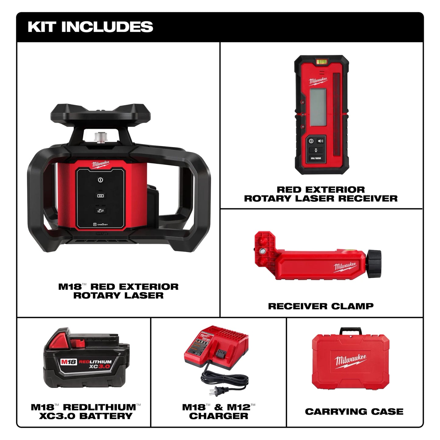 Milwaukee 3701-21, M18™ Red Exterior Rotary Laser Level Kit w/ Receiver