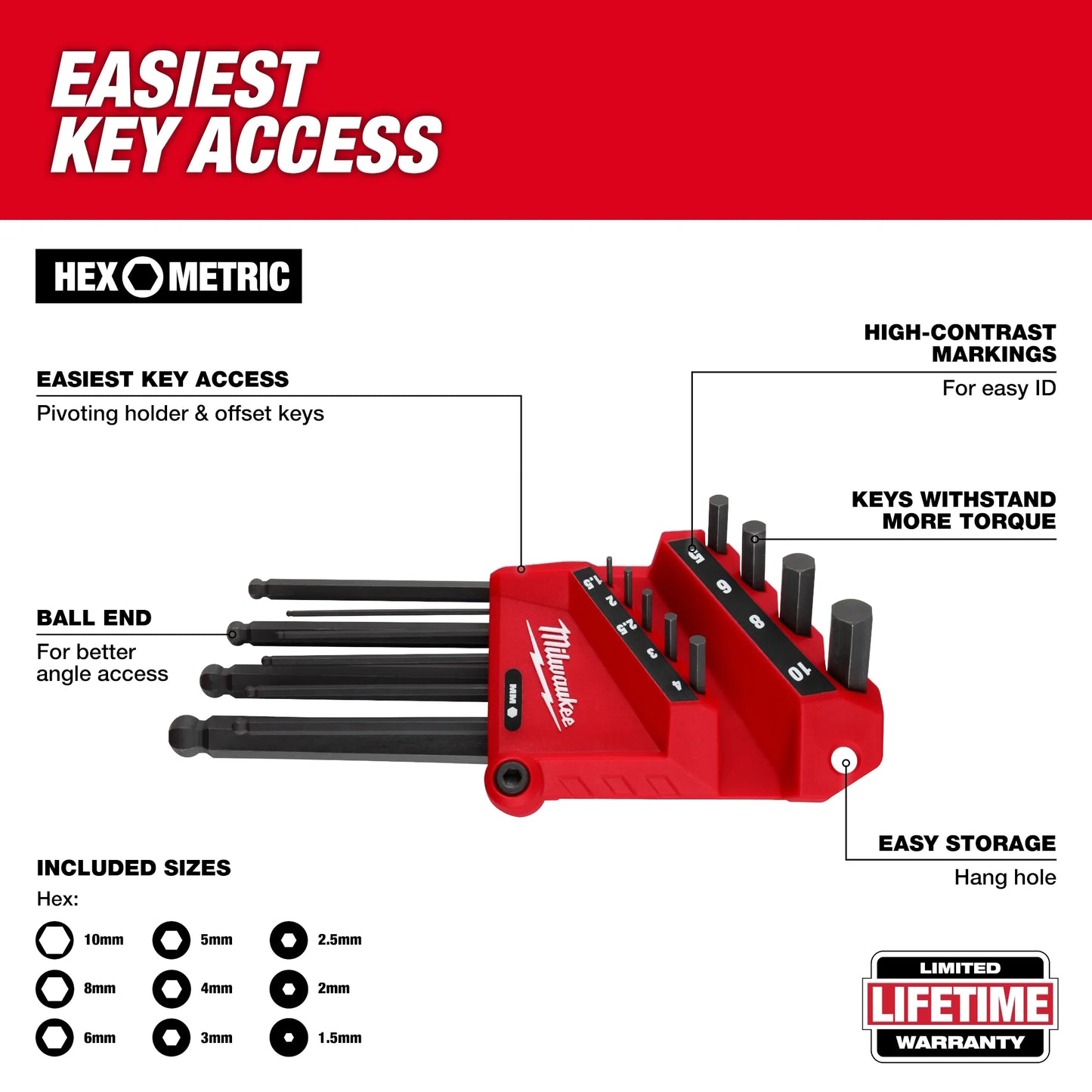Milwaukee 48-22-2186, 9-Key Ball End  L-Key Set - Metric