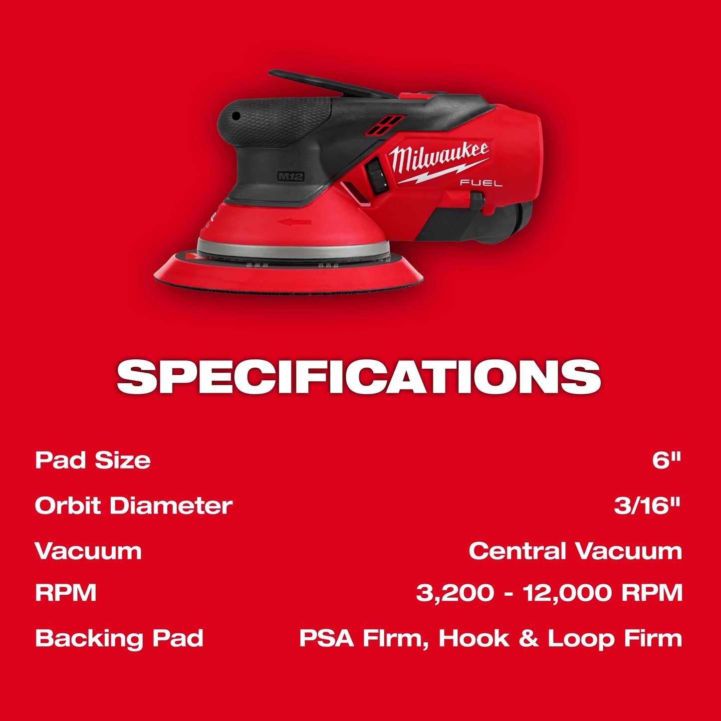 Milwaukee 2585-20, M12 FUEL™ 6" Random Orbital Sander (3/16")