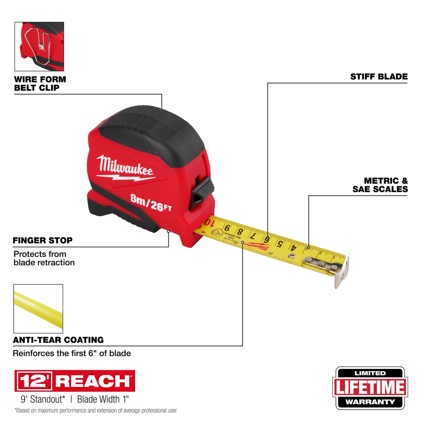Milwaukee 48-22-1726, 8m/26ft Compact Tape Measure