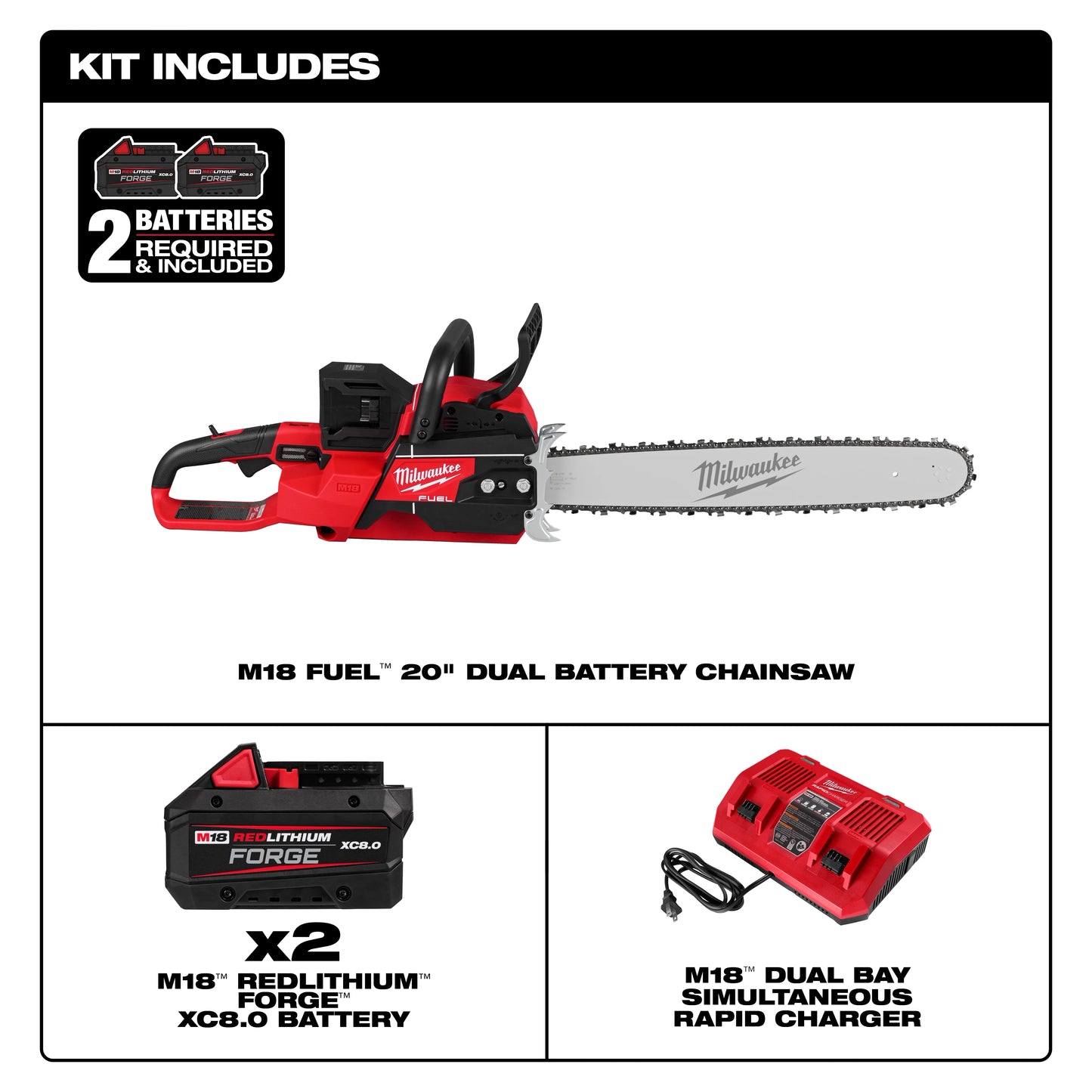 Milwaukee 2827-22, M18 FUEL™ 20" Dual Battery Chainsaw Kit
