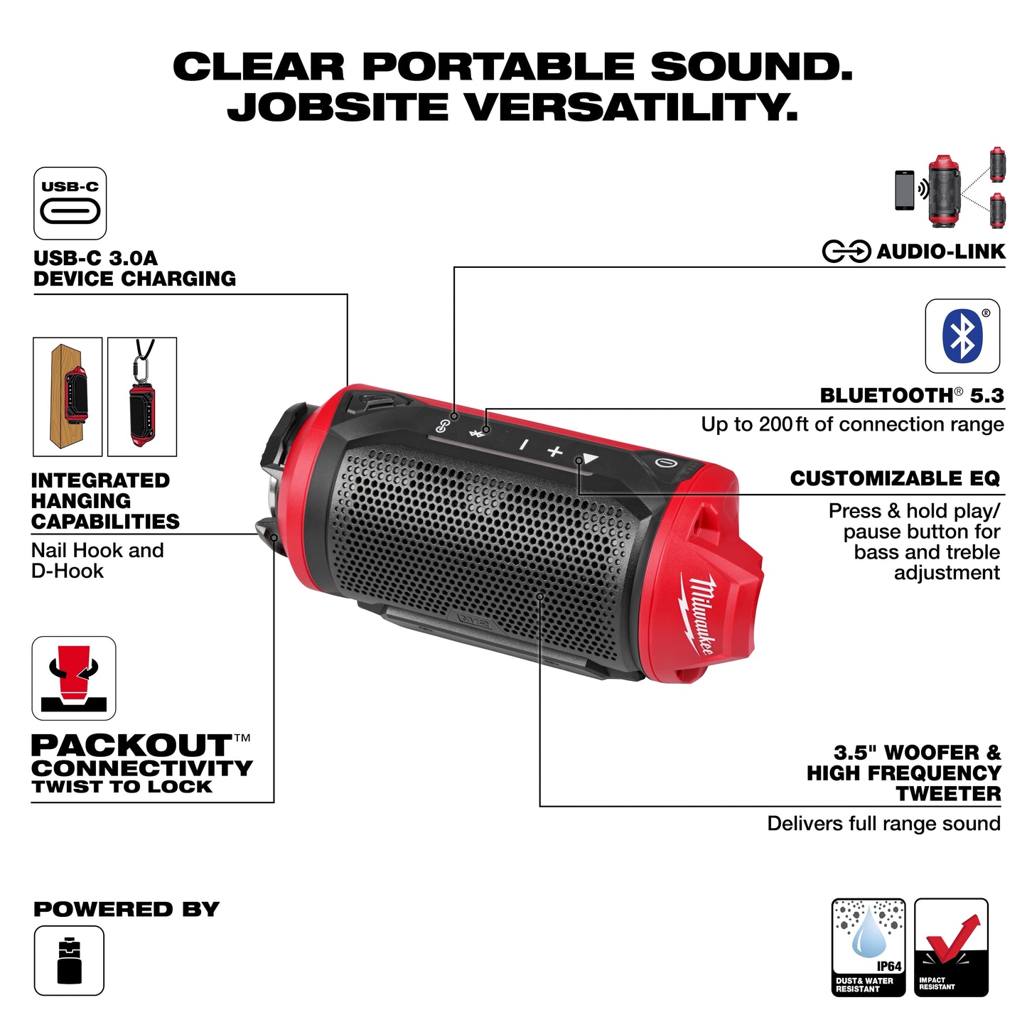 Milwaukee 2955-20, M12™ Bluetooth® Jobsite Speaker w/ PACKOUT™ Compatibility