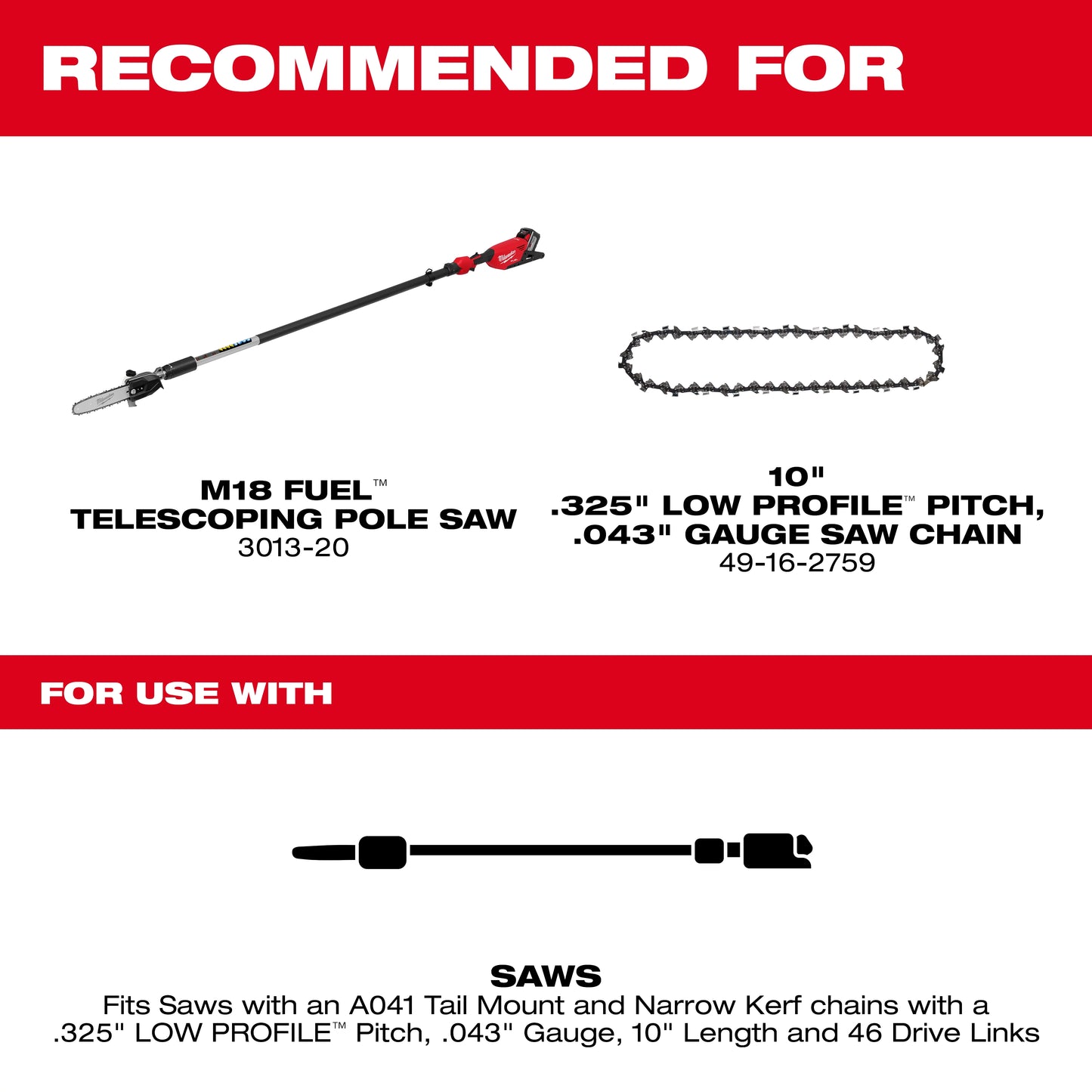 Milwaukee 49-16-2760, 10" Telescoping Pole Saw Guide Bar