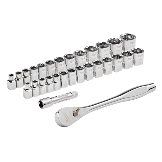 Milwaukee 48-22-9088, 29pc 3/8" Drive Metric & SAE Ratchet and Socket Set with FOUR FLAT™ SIDES