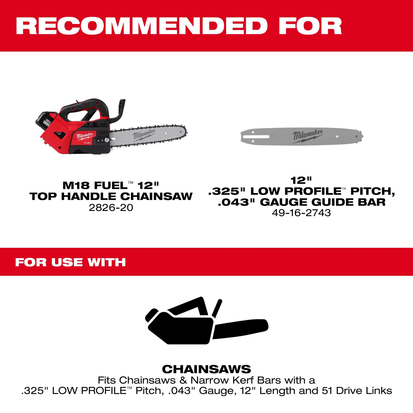 Milwaukee 49-16-2742, 12" Top Handle ChainSaw Chain