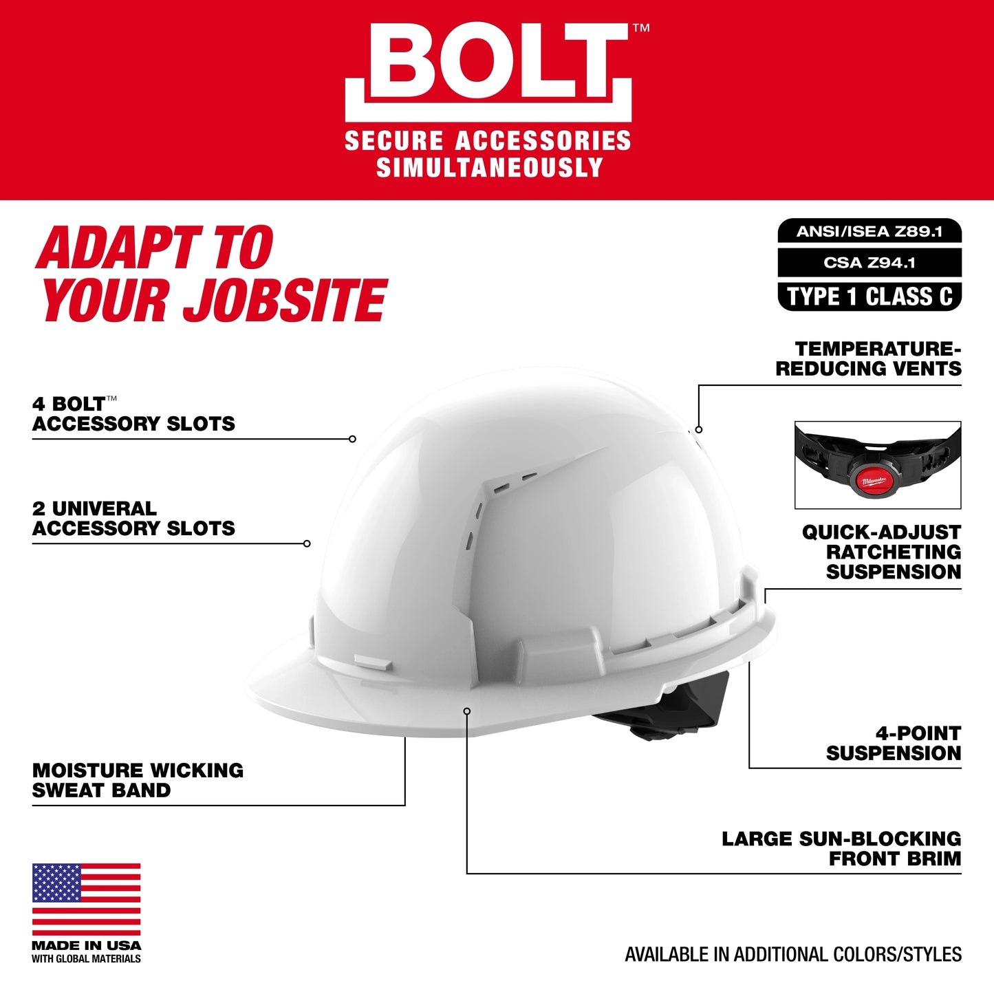 Milwaukee 48-73-1214, BOLT™ Gray Front Brim Vented Hard Hat w/4pt Ratcheting Suspension (USA) - Type 1, Class C